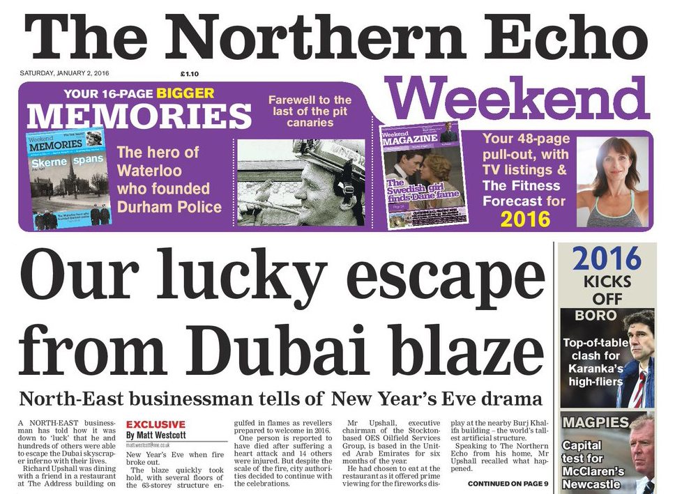 The Northern Echo Report: Stockton businessman tells how ‘luck’ saved him and others from Dubai hotel inferno